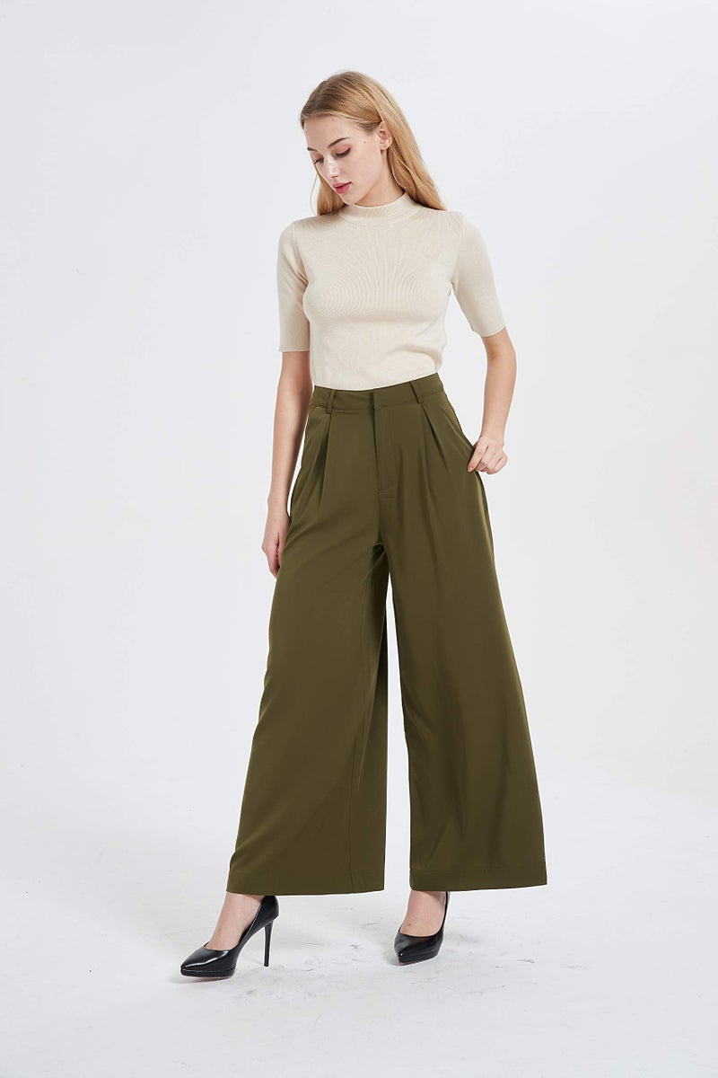 Tronjori Women High Waist Casual Wide Leg Long Palazzo Pants Trousers Regular Size(XXL,Olive) - Image 5